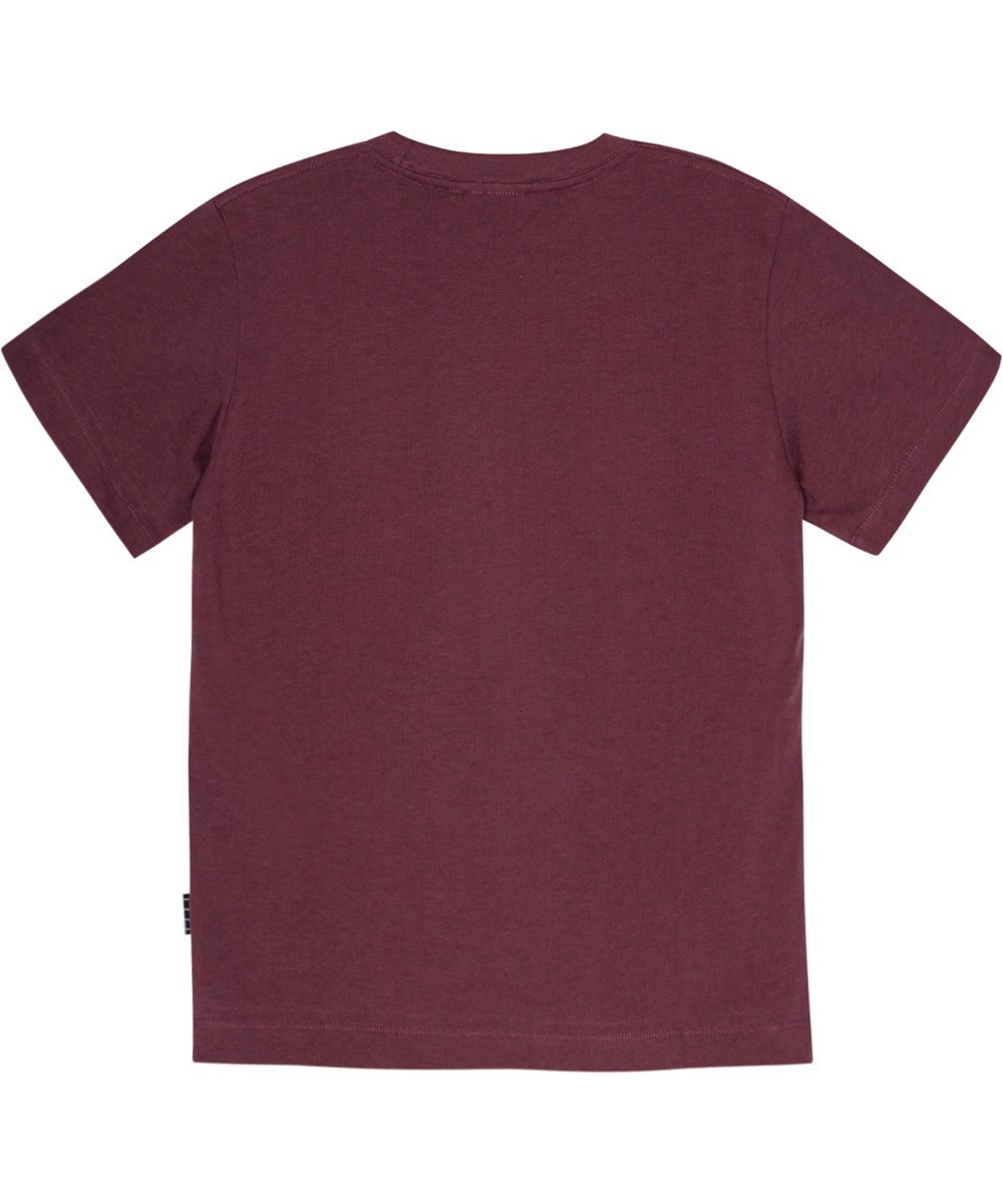 Riley - More Than___ - Bordeaux T-shirt in organic cotton with robot-dinosaur print.