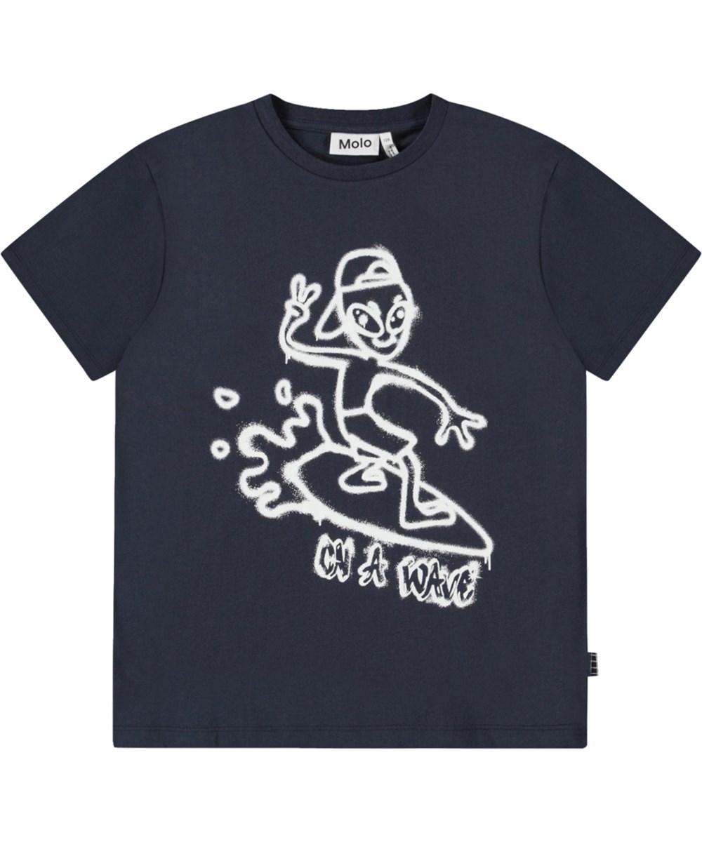 Riley - On A Wave Calm - Dark blue t-shirt with print for children in soft organic cotton with short sleeves and ribbed neckline.