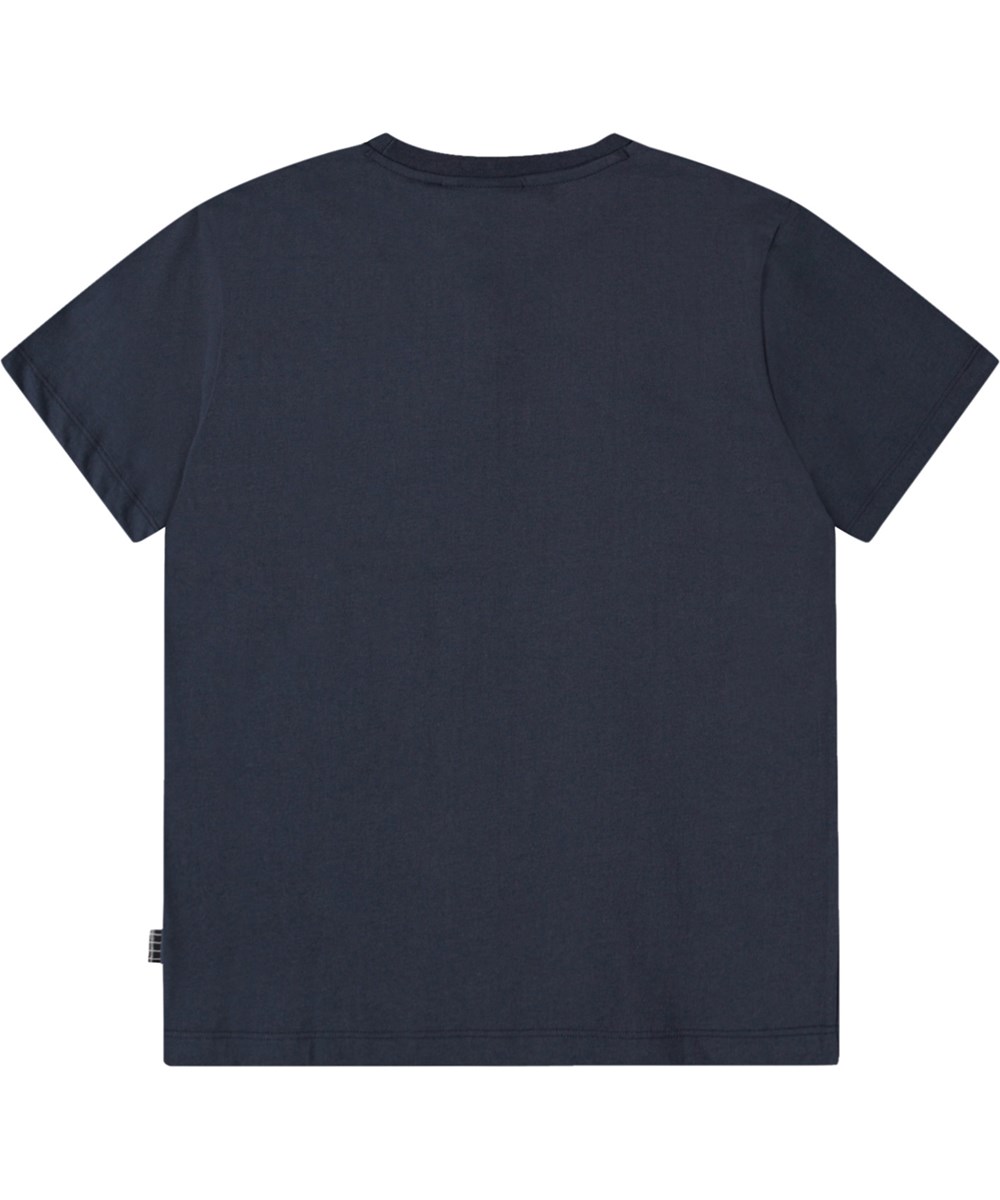 Riley - On A Wave Calm - Dark blue t-shirt with print for children in soft organic cotton with short sleeves and ribbed neckline.