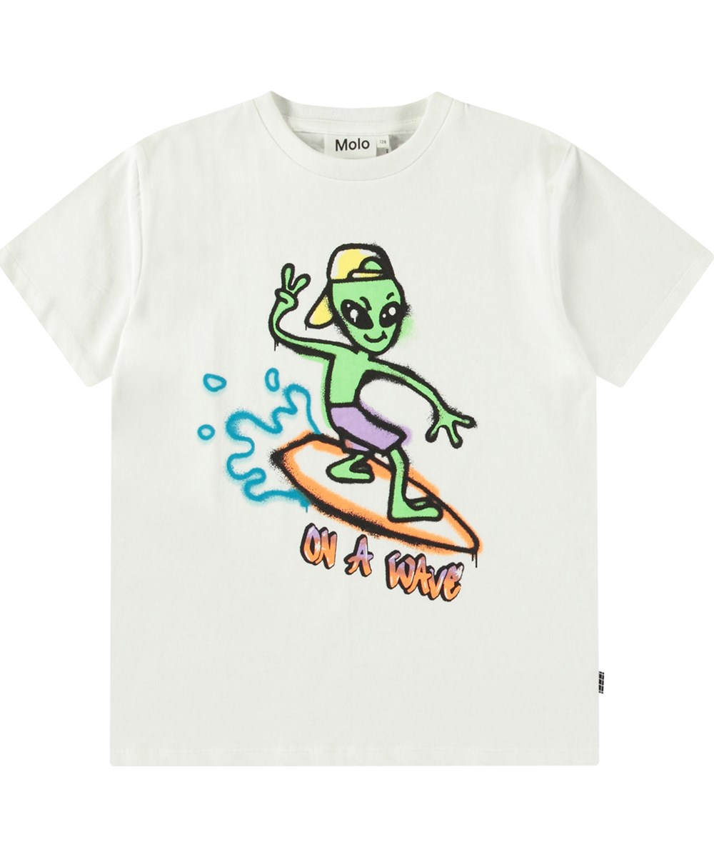 Riley - On A Wave Col - White t-shirt with print for children in soft organic cotton with short sleeves and ribbed neckline.