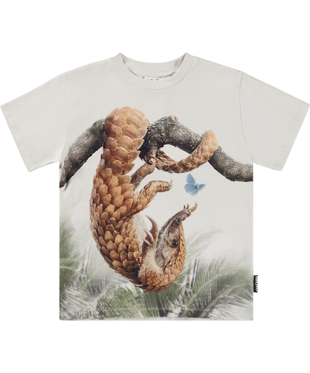 Riley - Pangolin - White organic t-shirt with pangolin print
