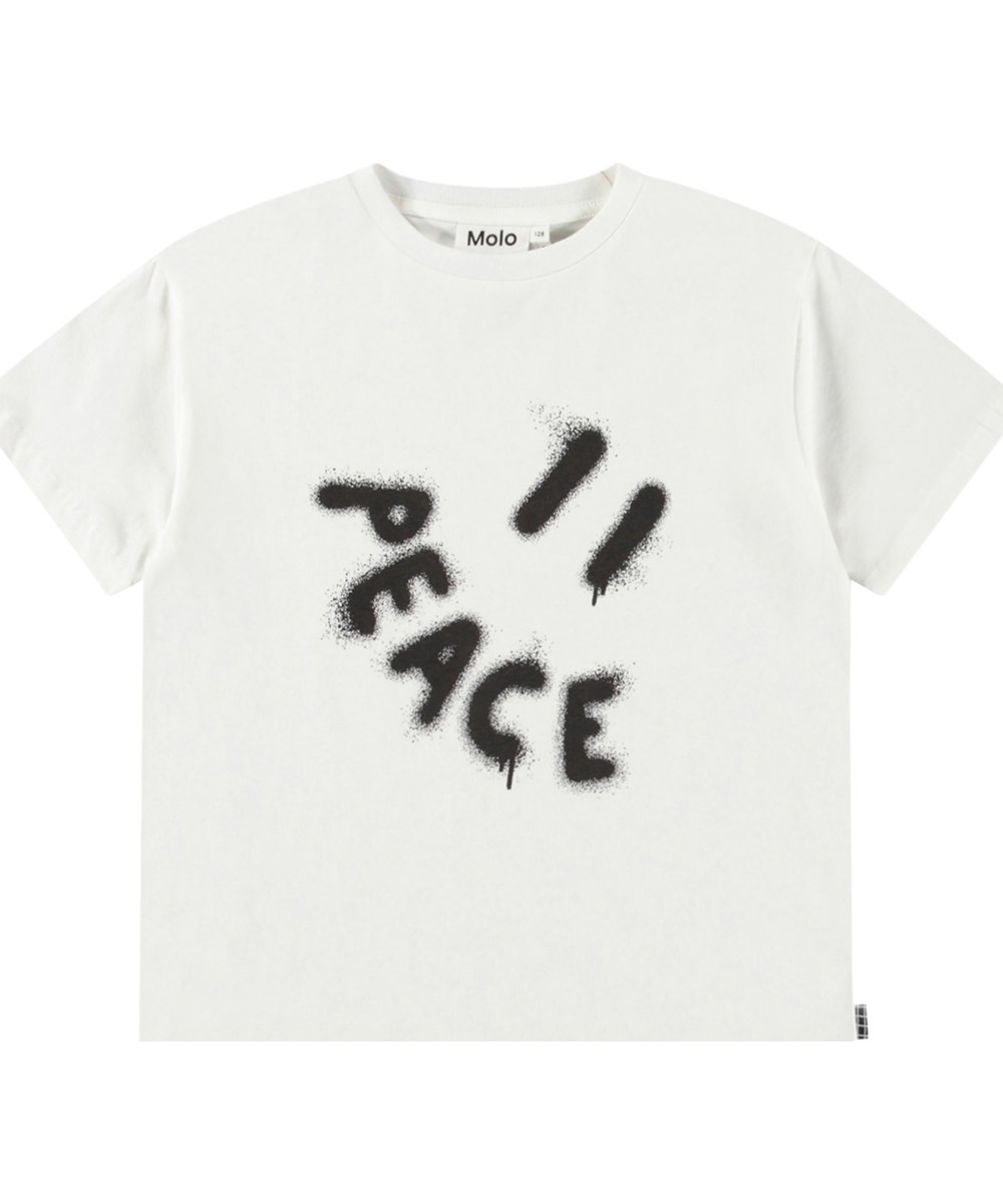 Riley - Peace Smile - White t-shirt with print for children in soft organic cotton with short sleeves and ribbed neckline.