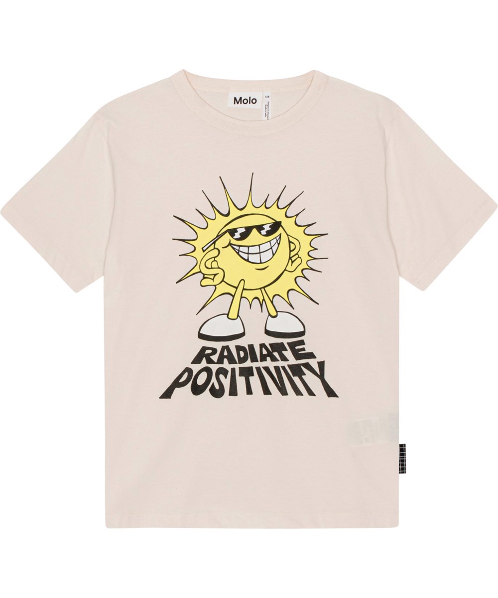 Riley - Positive Sun - Light, natural coloured, organic t-shirt with drawn sun print