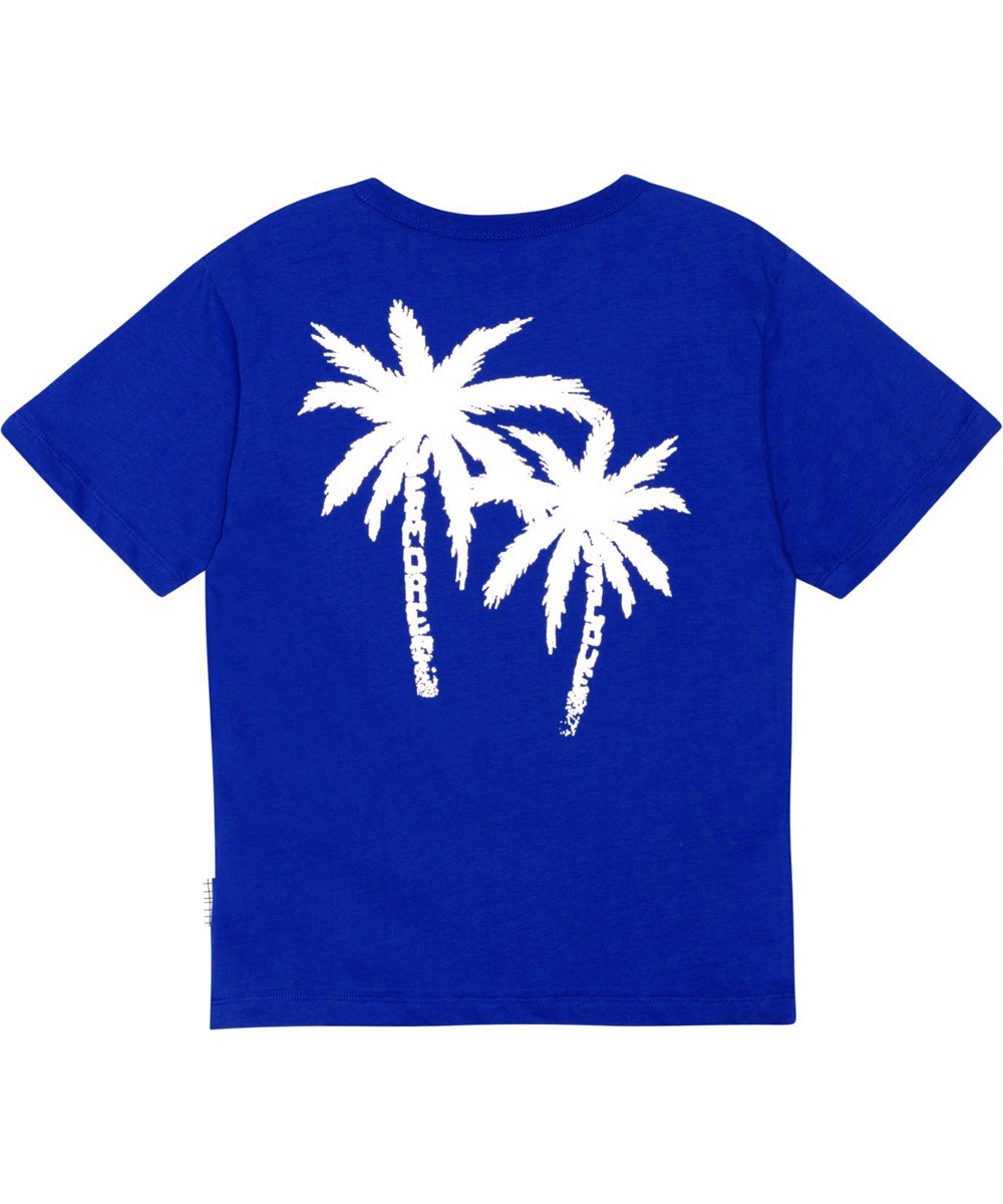 Riley - Reef Blue - Blue, organic t-shirt with palm tree print