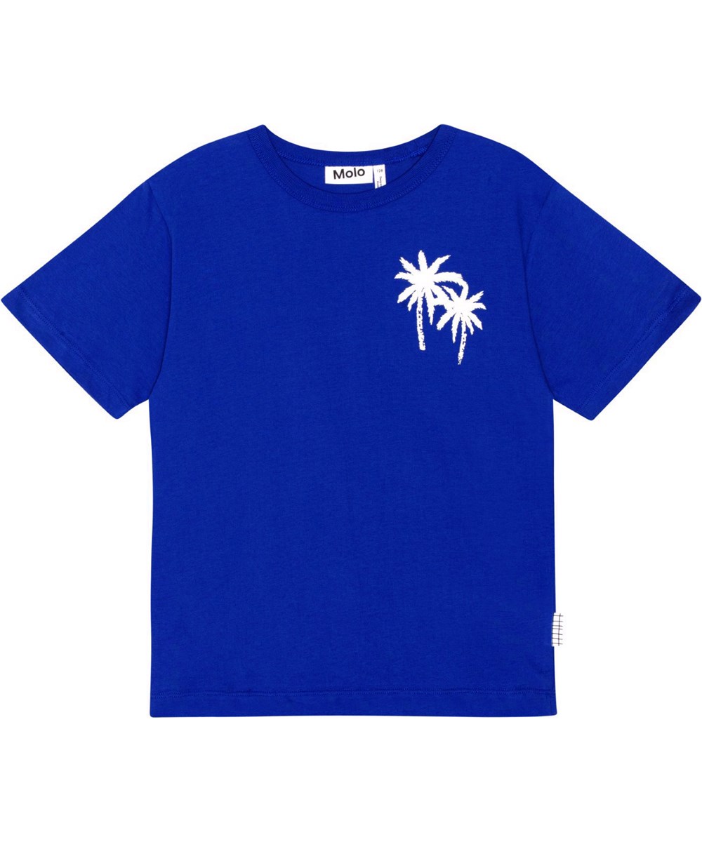 Riley - Reef Blue - Blue, organic t-shirt with palm tree print