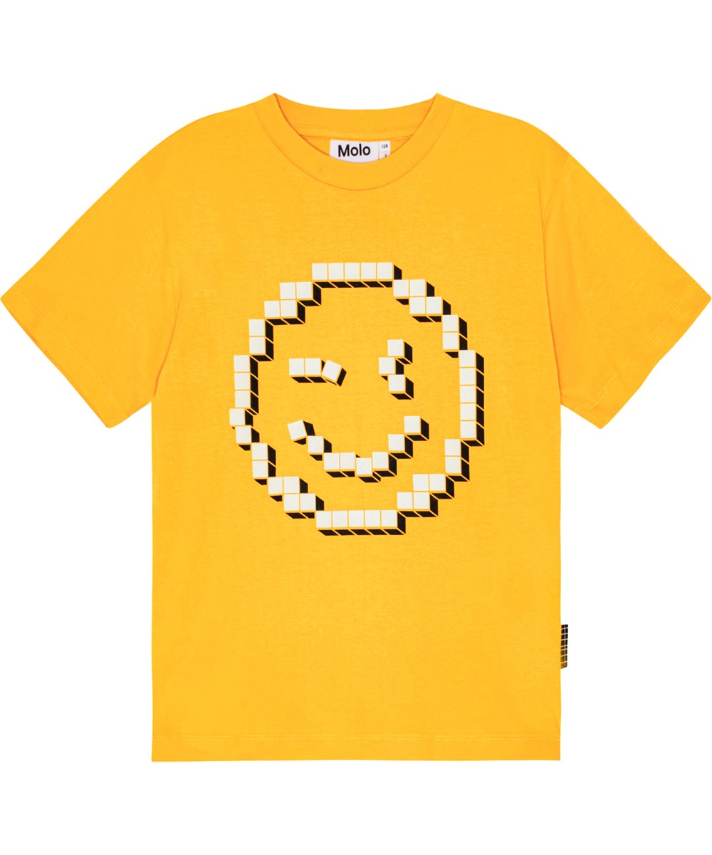 Riley - Smile Pixel - Yellow T-shirt in organic cotton with printed pixel face.