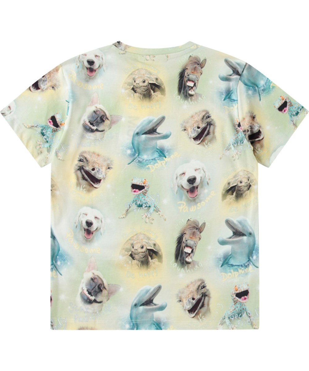 Riley - Smiling Animals - Beige and light grey t-shirt with print for children in soft organic cotton with short sleeves and ribbed neckline.