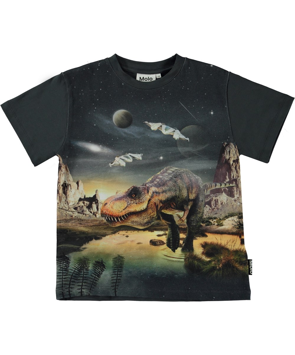 Riley - T-Rex Planet - Black organic t-shirt with dinosaur and space print