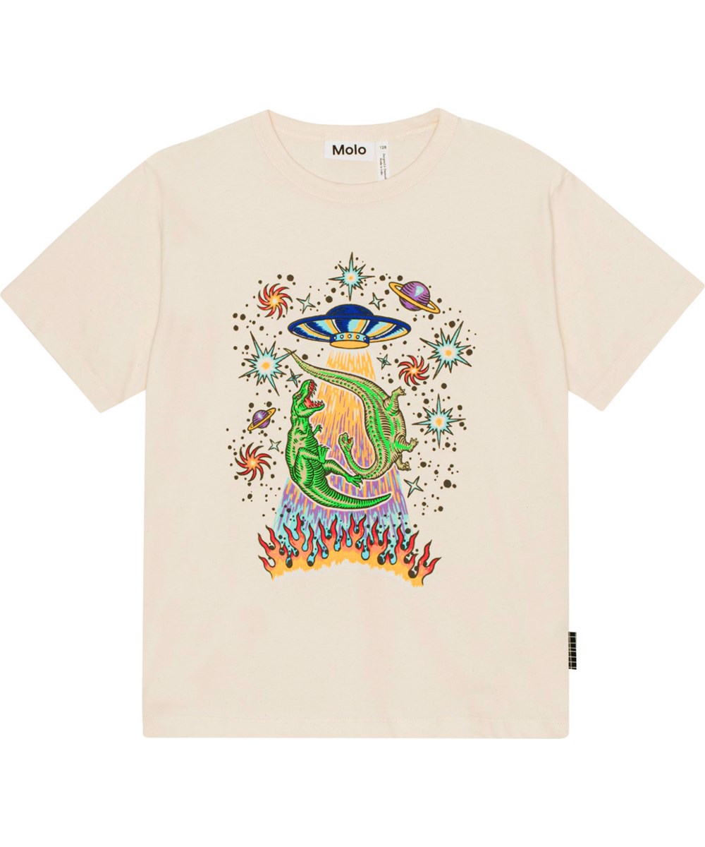 Riley - UFO And Dinos - Light, natural coloured, organic t-shirt with UFO and dinosaur print