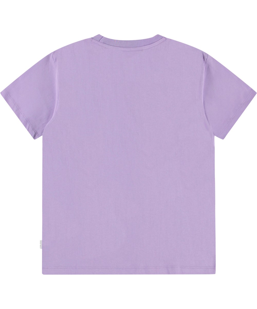 Riley - Visitors Violet - Purple t-shirt with print for children in soft organic cotton with short sleeves and ribbed neckline.