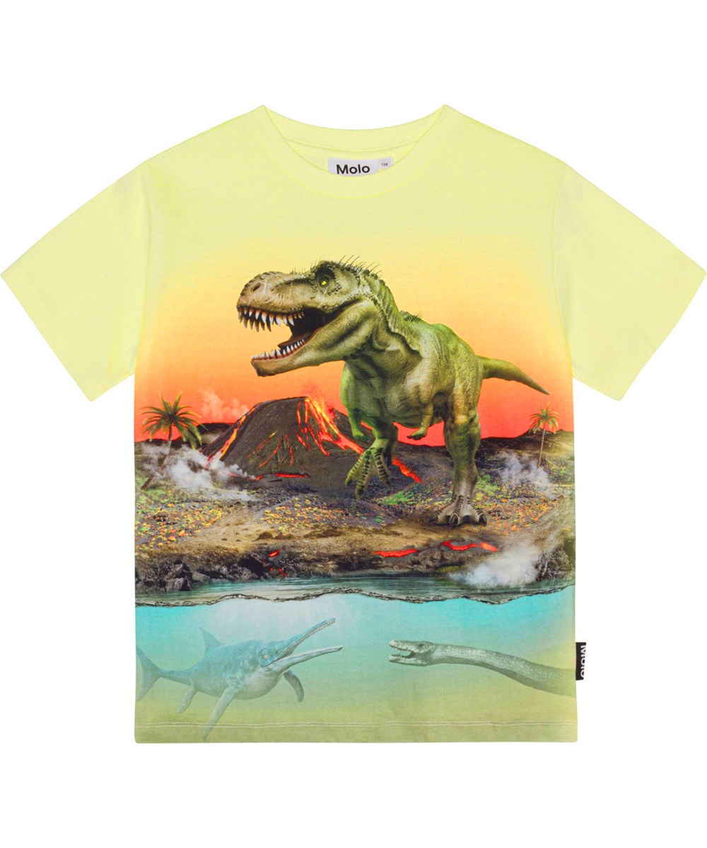 Riley - Volcano Dino - Yellow, organic t-shirt with placement dinosaur print