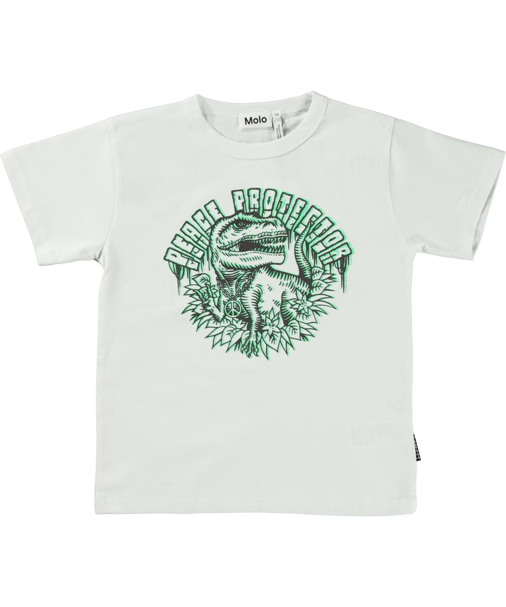 Riley - White - White organic t-shirt with dinosaur print