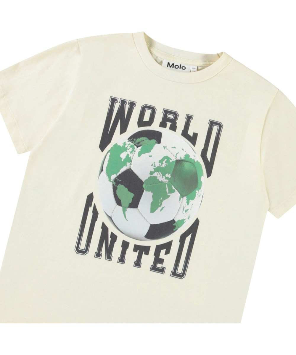 Riley - World United - Off-white t-shirt with print for children in soft organic cotton with short sleeves and ribbed neckline.