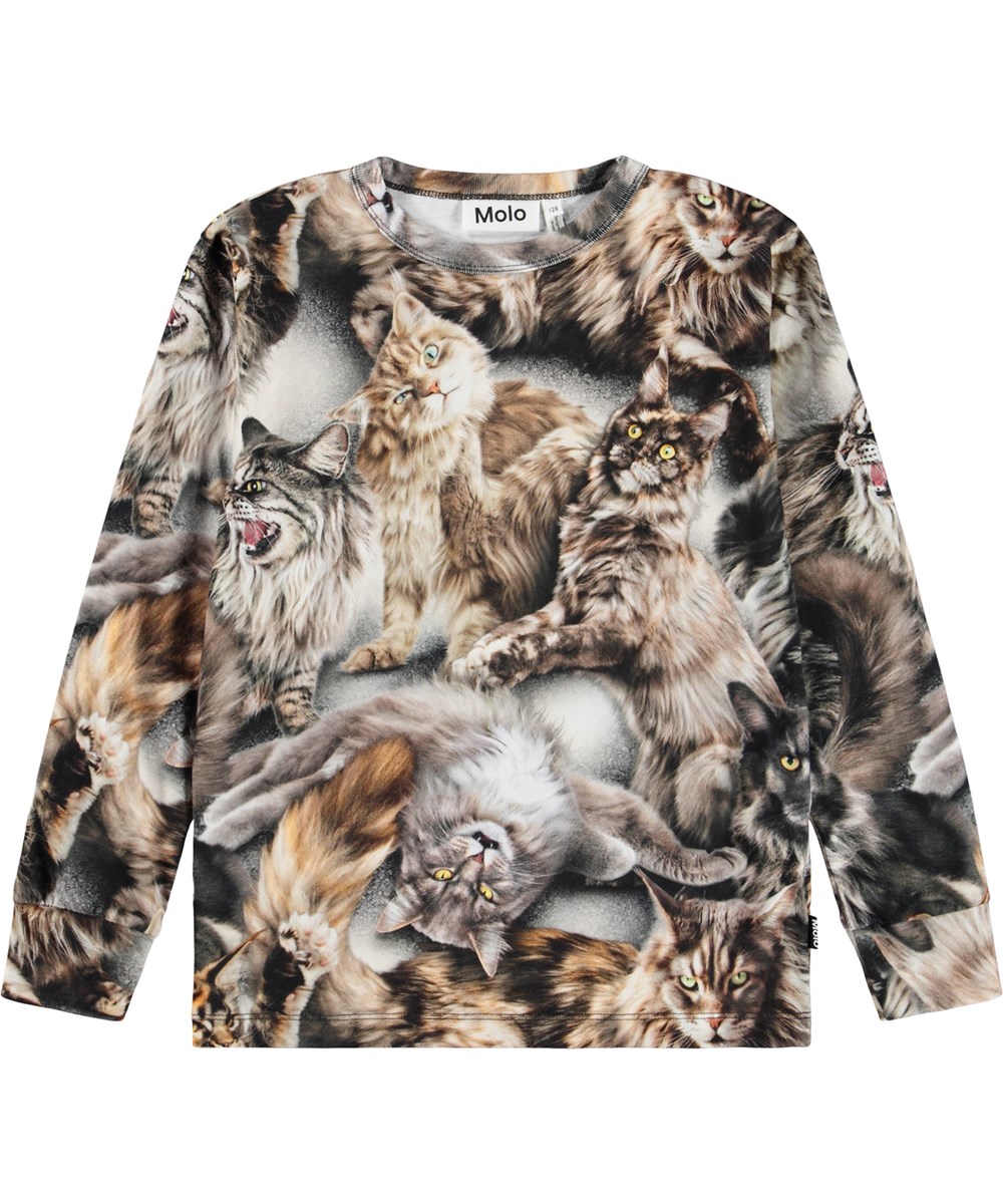 Rill - Cattitudes - Long-sleeved top for children mae of soft organic cotton with long sleeves and a ribbed neckline. The long-sleeved top has a regular fit and a print of cats in golden brown colors.