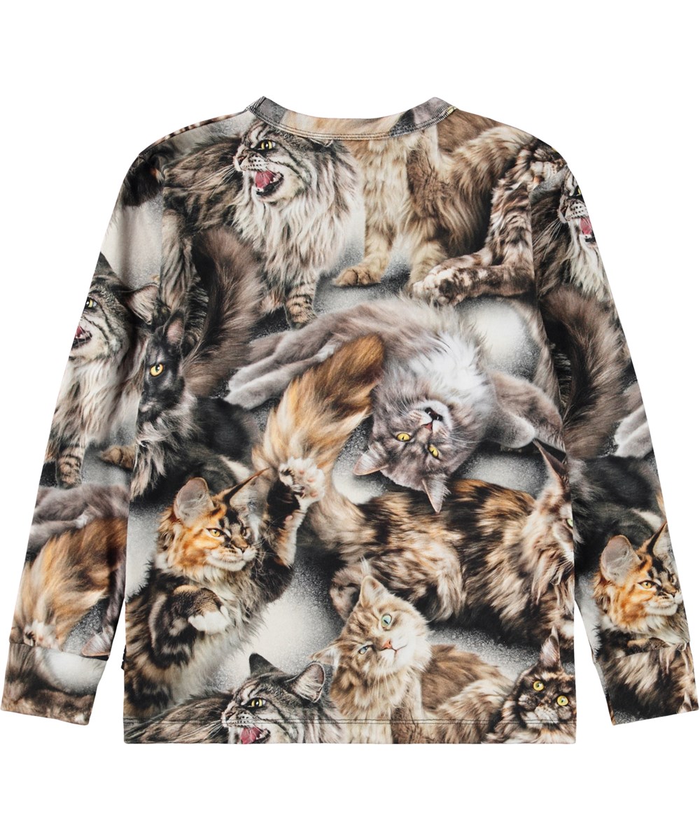 Rill - Cattitudes - Long-sleeved top for children mae of soft organic cotton with long sleeves and a ribbed neckline. The long-sleeved top has a regular fit and a print of cats in golden brown colors.