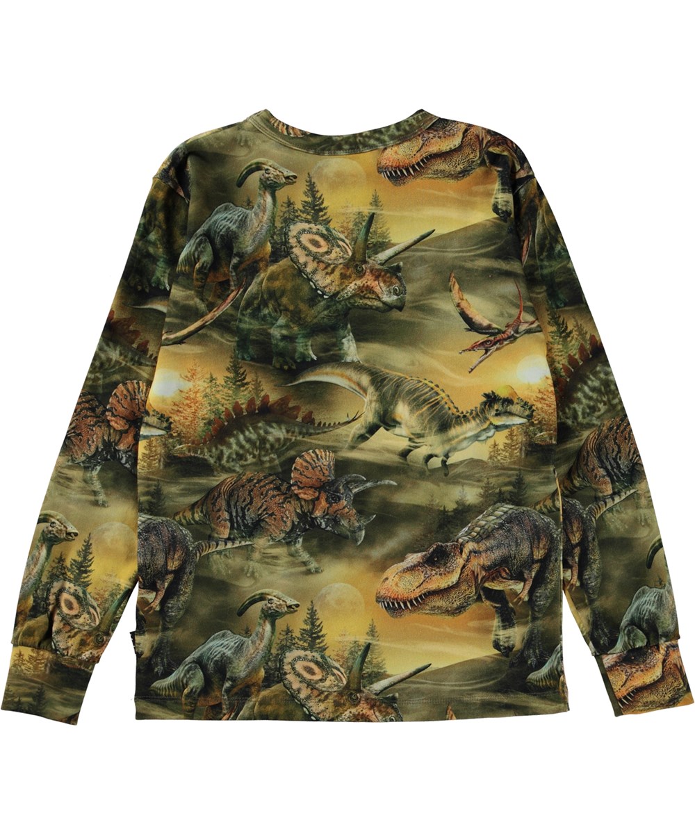 Rill - Dino Dawn - Green organic long sleeve t-shirt with all over dinosaur print
