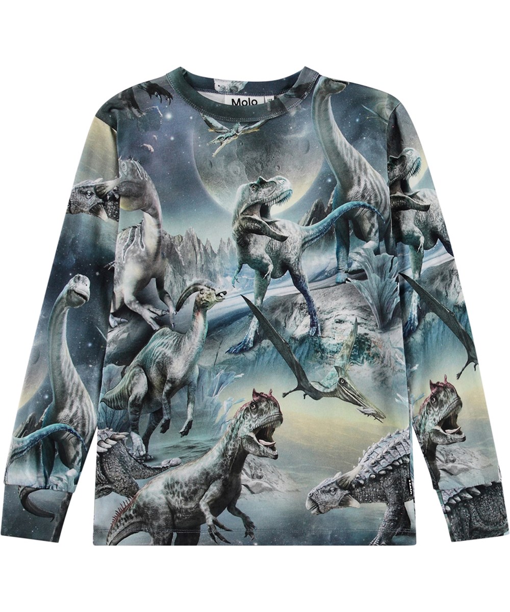 Rill - Dinoverse - Blue long-sleeved top in organic cotton and dinosaur print.