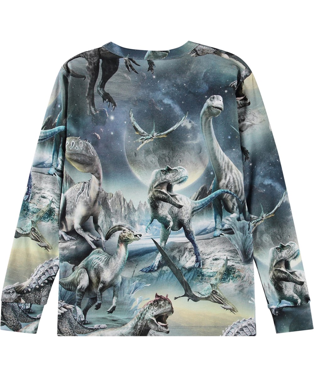 Rill - Dinoverse - Blue long-sleeved top in organic cotton and dinosaur print.