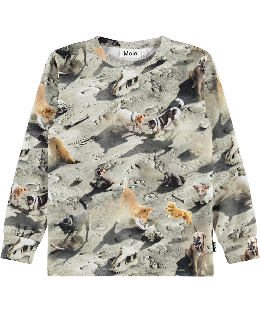 Rill - Moon Dogs - Grey long-sleeved top for children made of soft organic cotton with long sleeves and a ribbed neckline. The long-sleeved top has a regular fit and a print of dogs on the moon.