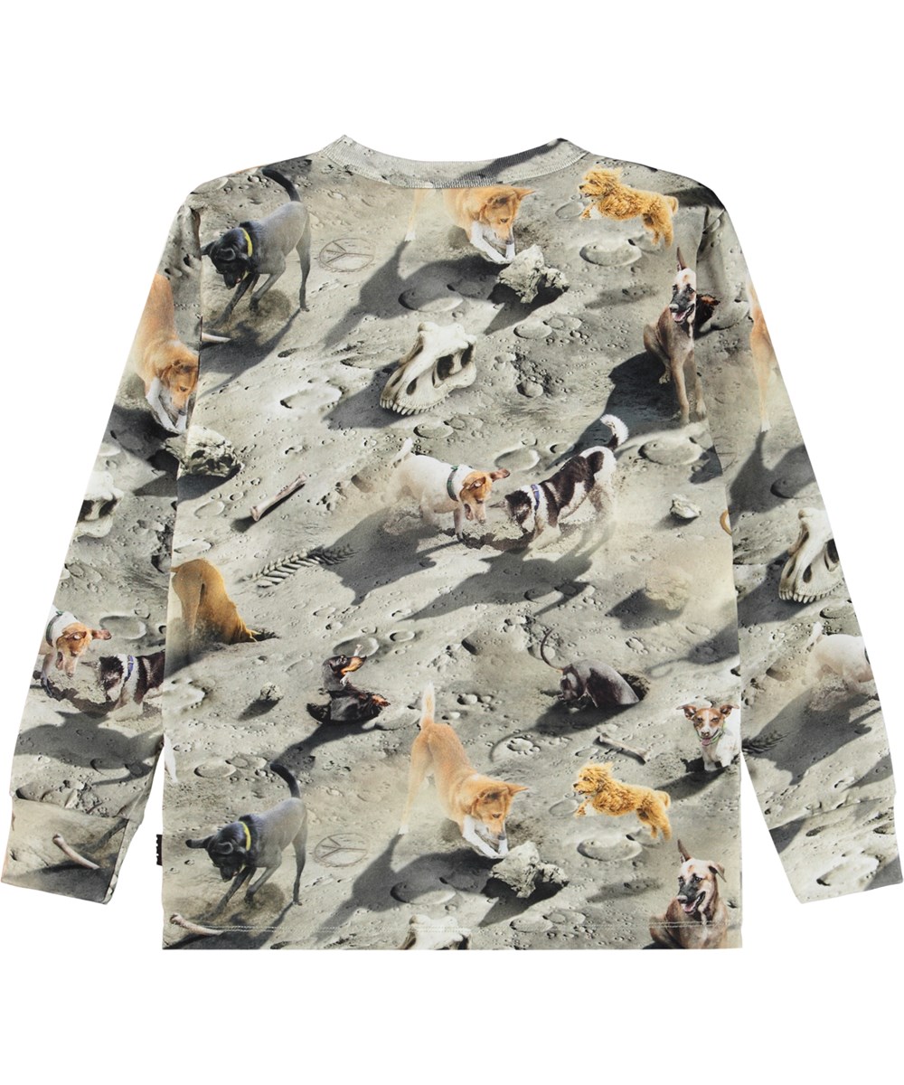 Rill - Moon Dogs - Grey long-sleeved top for children made of soft organic cotton with long sleeves and a ribbed neckline. The long-sleeved top has a regular fit and a print of dogs on the moon.