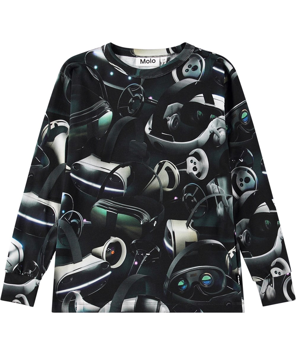Rill - Virtual Reality - Long-sleeved black top in organic cotton with an all-over print inspired by virtual reality.
