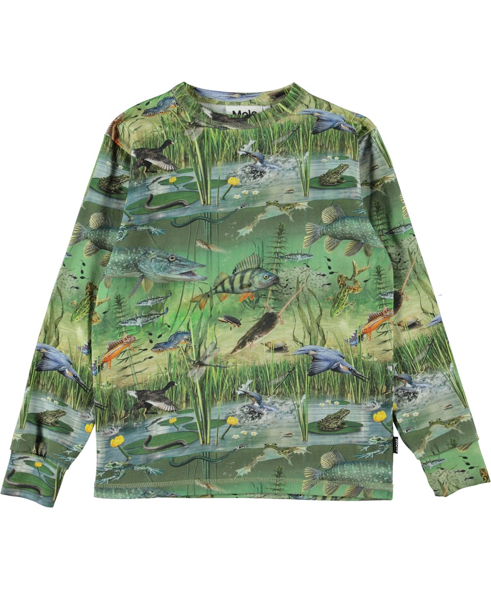 Rill - Wondrous Pond - Green organic t-shirt with animals and pond print