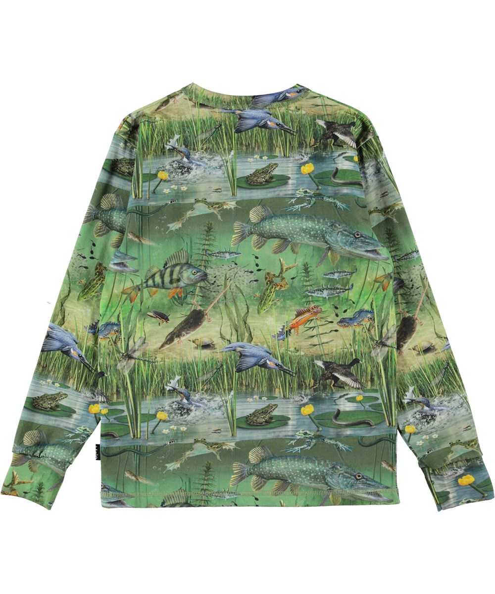 Rill - Wondrous Pond - Green organic t-shirt with animals and pond print