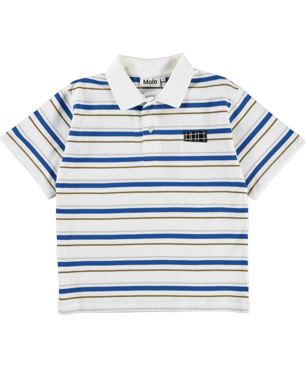 Rilloz - Royal Blue Stripe - White polo t-shirt with blue, brown and grey stripes.