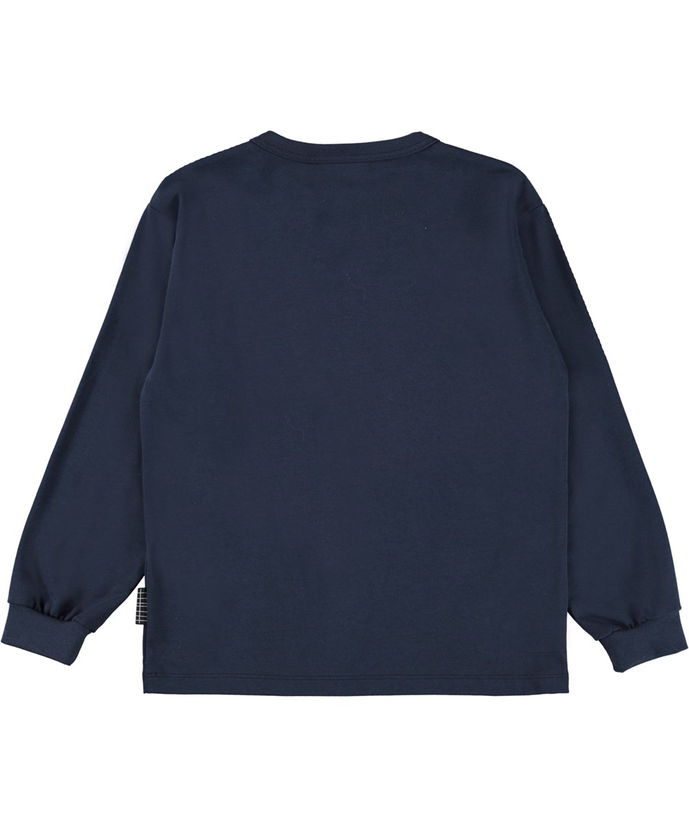 Rin - Galaxy Blue - Dark blue organic top with satellite print 