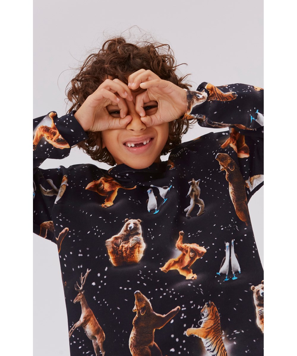 Rin - Party Animals - Black organic top with partying animals 