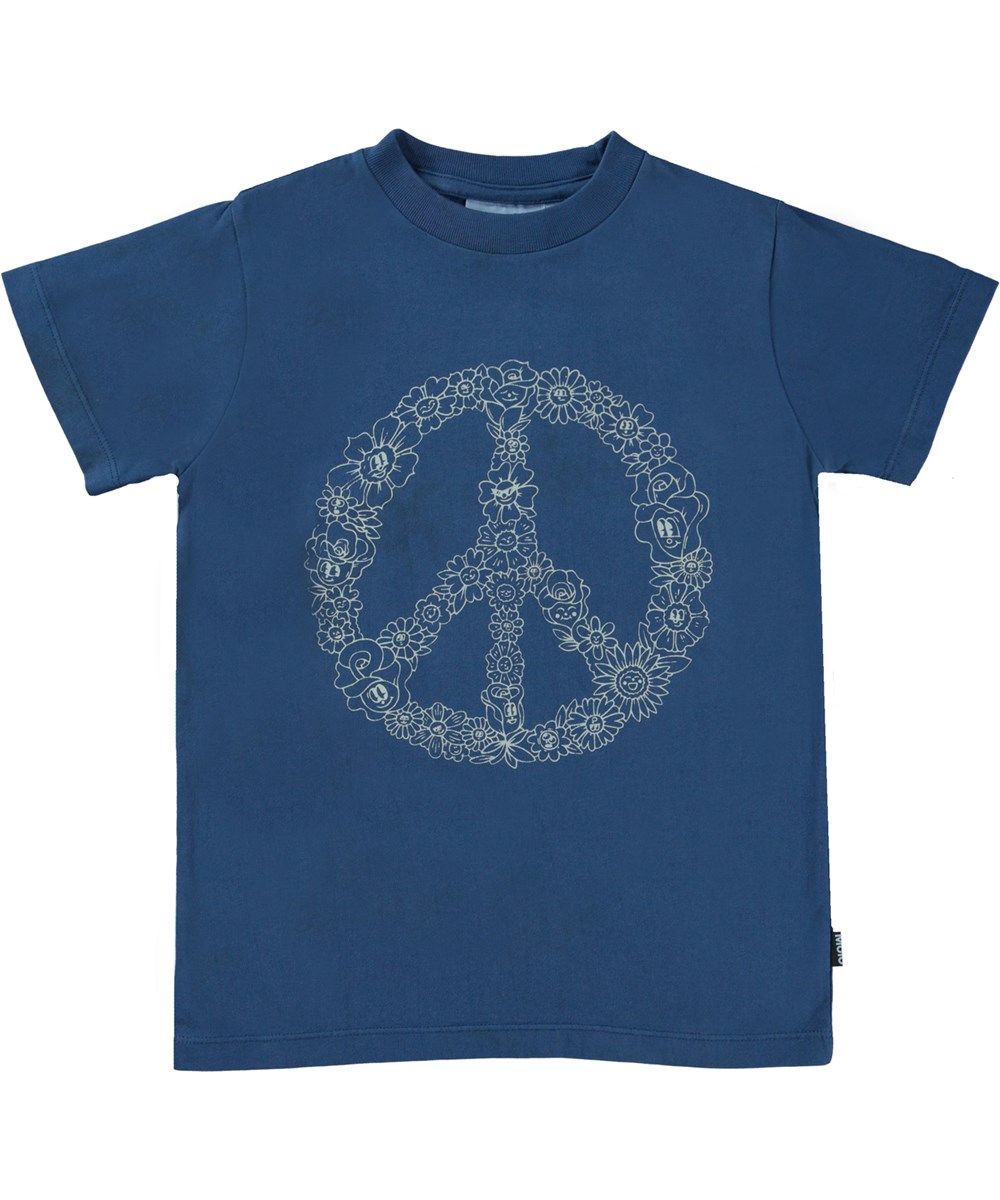Road - Indigo - Dark blue t-shirt with flowers peace print