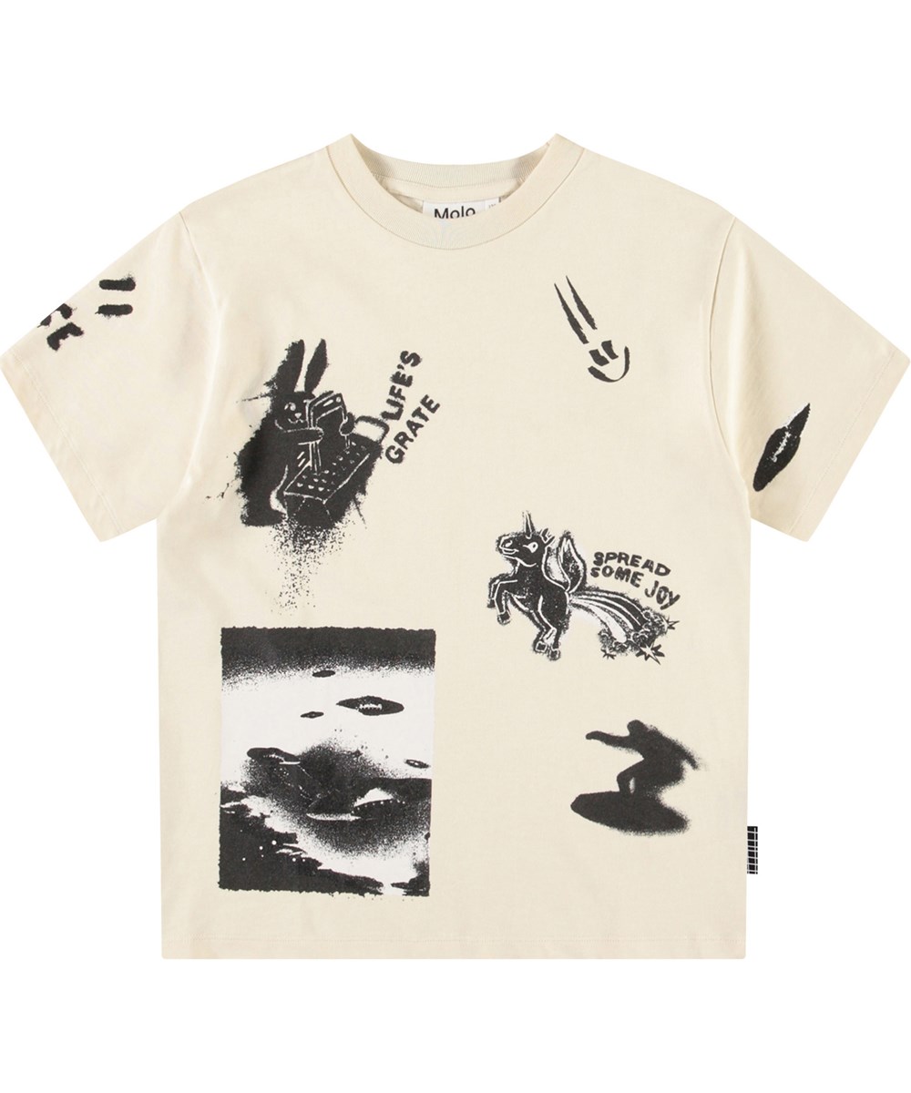 Rodney - Art Mash Up - Off-white t-shirt with print for children in organic cotton with short sleeves and ribbed neckline.