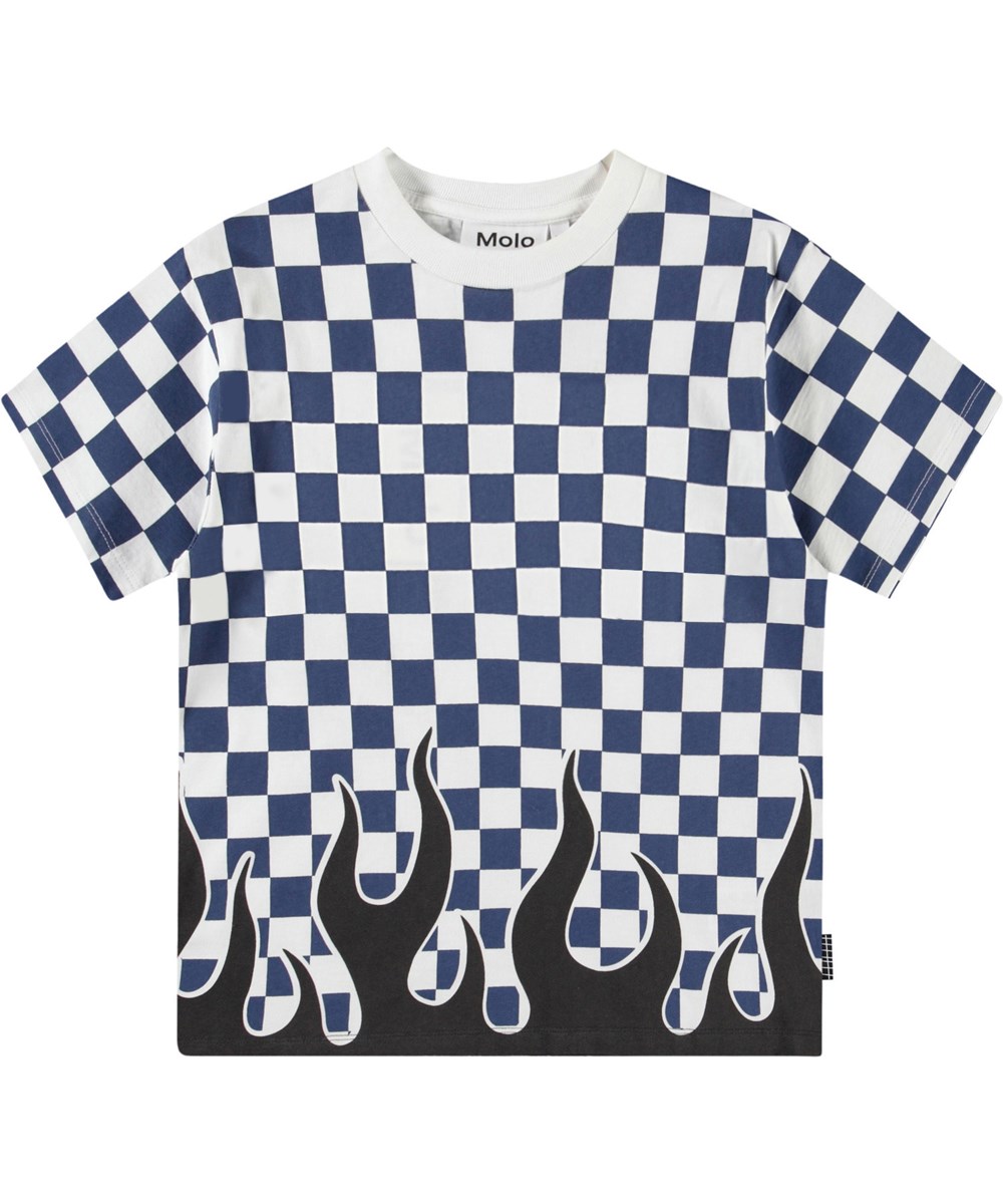 Rodney - Blue Check - White and blue checkered t-shirt with print for children in organic cotton with short sleeves and ribbed neckline.
