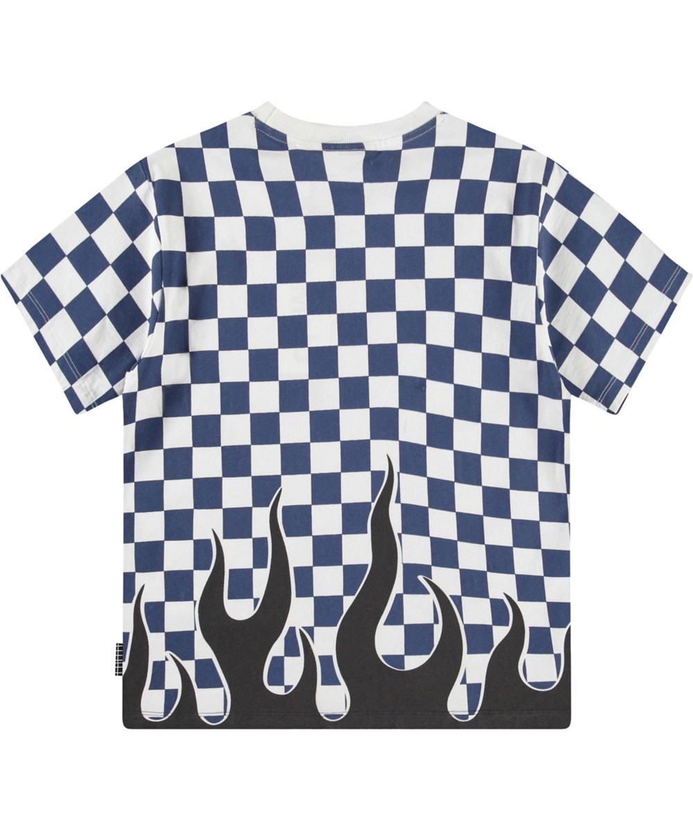 Rodney - Blue Check - White and blue checkered t-shirt with print for children in organic cotton with short sleeves and ribbed neckline.