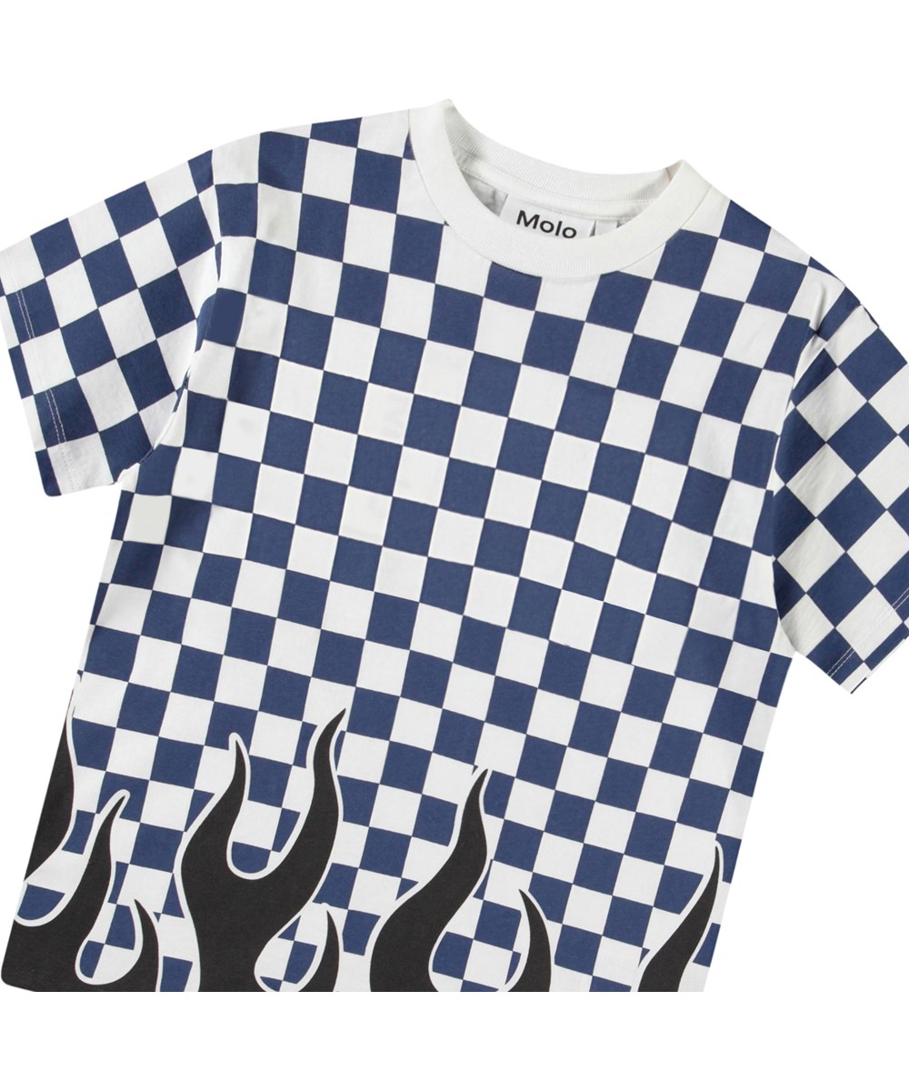 Rodney - Blue Check - White and blue checkered t-shirt with print for children in organic cotton with short sleeves and ribbed neckline.