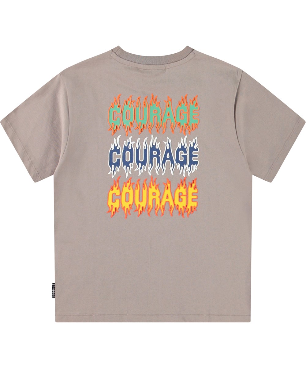 Rodney - Cinder Rock - Light brown t-shirt with print for children in organic cotton with short sleeves and ribbed neckline.