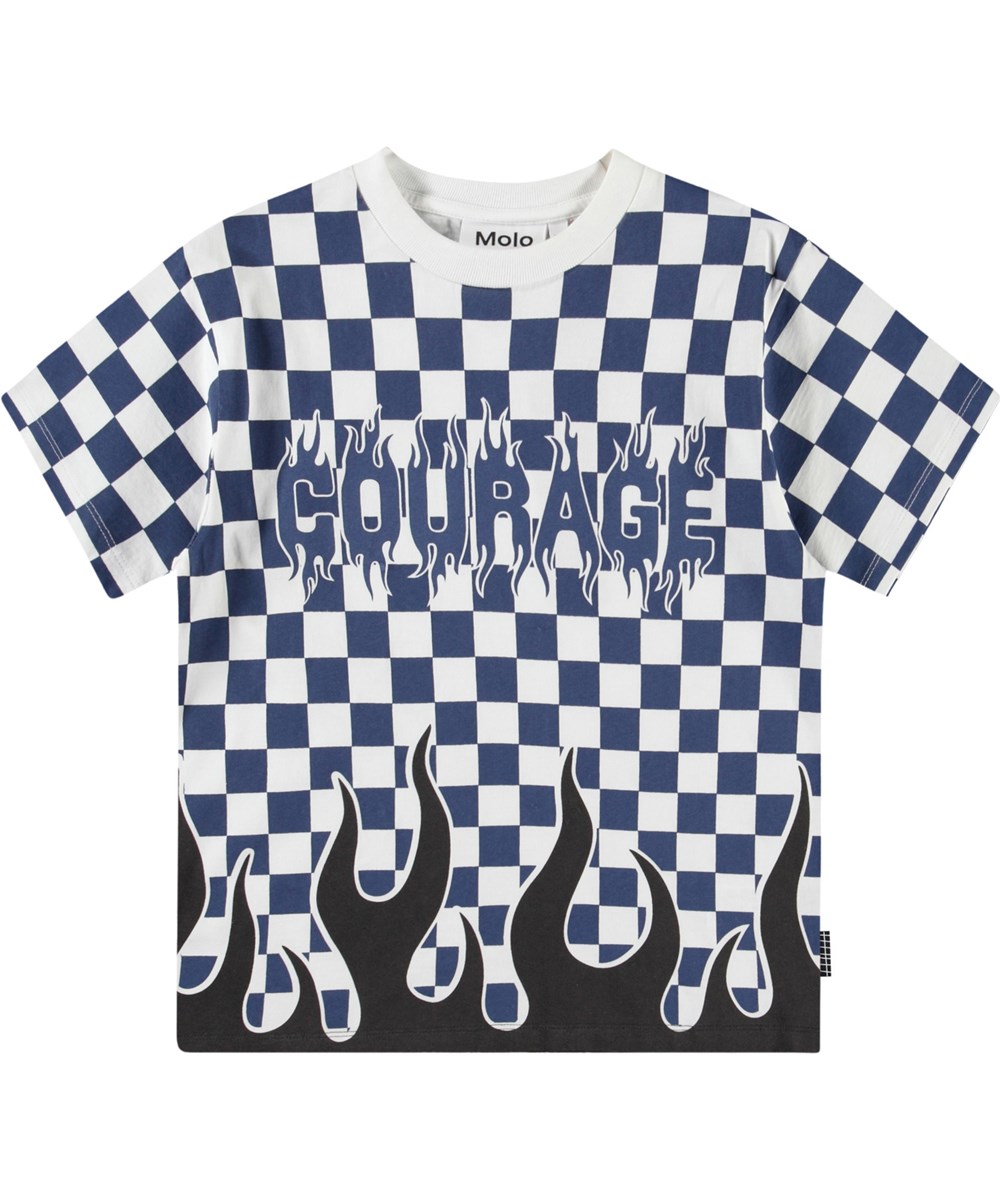 Rodney - Courage Check - White and blue checkered t-shirt with print for children in organic cotton with short sleeves and ribbed neckline.