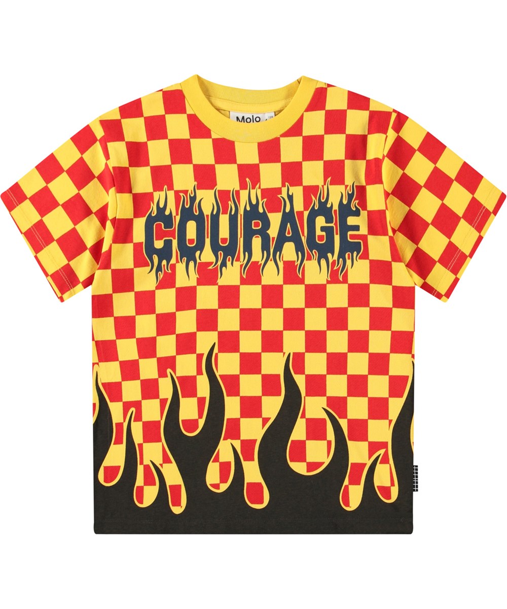 Rodney - Flame Check - Yellow and red checkered t-shirt with print for children in organic cotton with short sleeves and ribbed neckline.