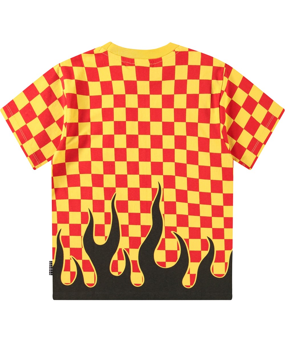 Rodney - Flame Check - Yellow and red checkered t-shirt with print for children in organic cotton with short sleeves and ribbed neckline.