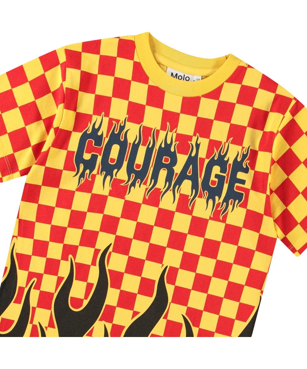 Rodney - Flame Check - Yellow and red checkered t-shirt with print for children in organic cotton with short sleeves and ribbed neckline.