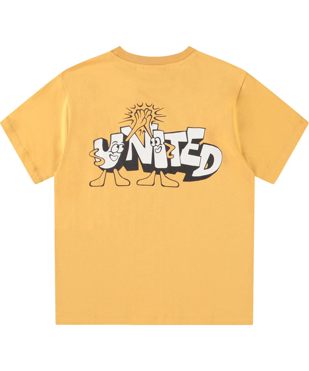 Rodney - Honey Gold - Yellow t-shirt with print for children in organic cotton with short sleeves and ribbed neckline.