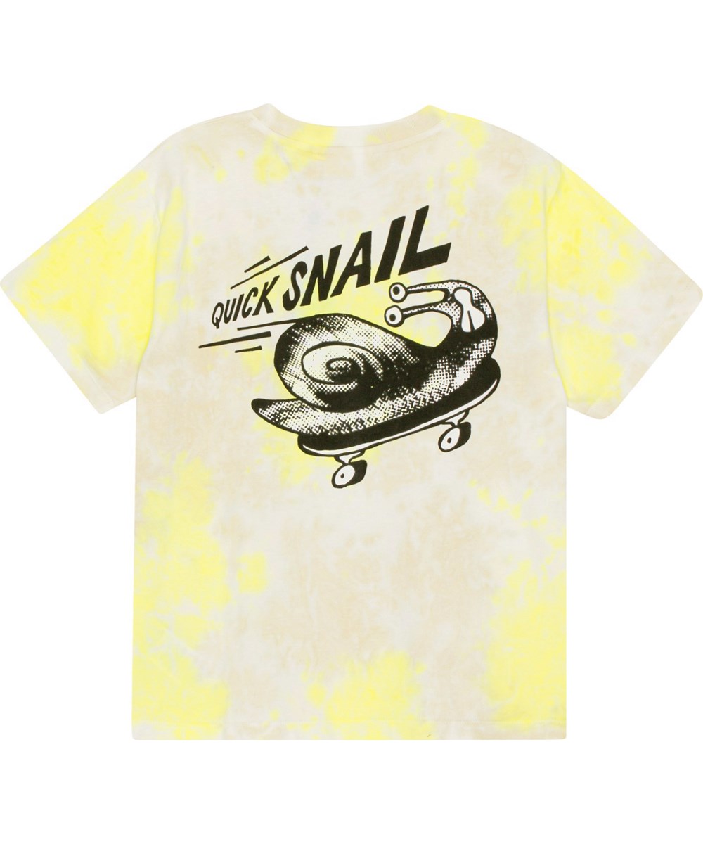 Rodney - Lemon Sand Dye - Yellow and sand coloured, organic tie-dye t-shirt with placement snail print