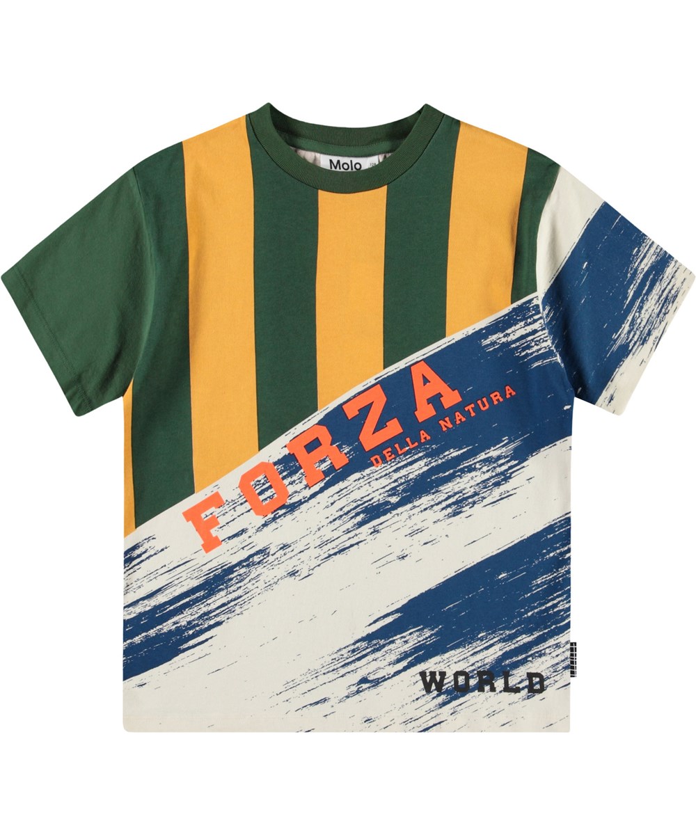 Rodney - Mash Up - Green t-shirt with print for children in organic cotton with short sleeves and ribbed neckline.