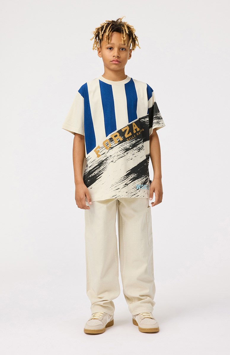 Rodney - Mash Up Neutral - Off-white t-shirt with print for children in organic cotton with short sleeves and ribbed neckline.