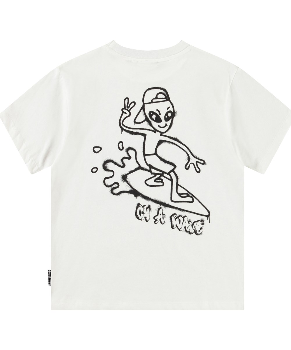 Rodney - On A Wave - White t-shirt with print for children in organic cotton with short sleeves and ribbed neckline.