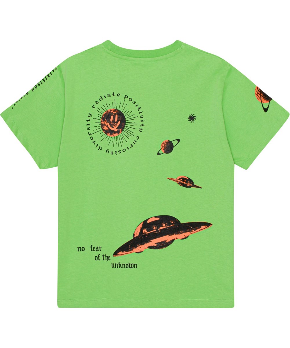 Rodney - Alien Friends - Green, organic t-shirt with alien and UFO placement print