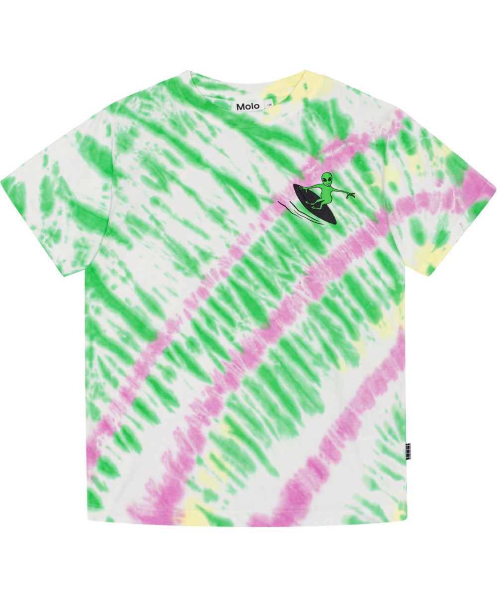 Rodney - Green Helio Dye - White, green, purple organic t-shirt with tie-dye print