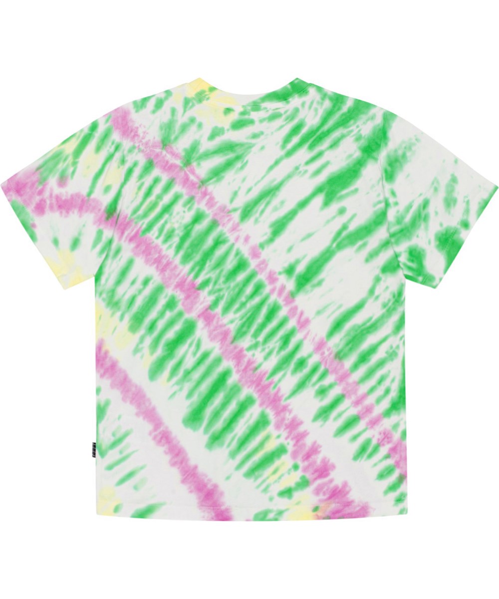 Rodney - Green Helio Dye - White, green, purple organic t-shirt with tie-dye print