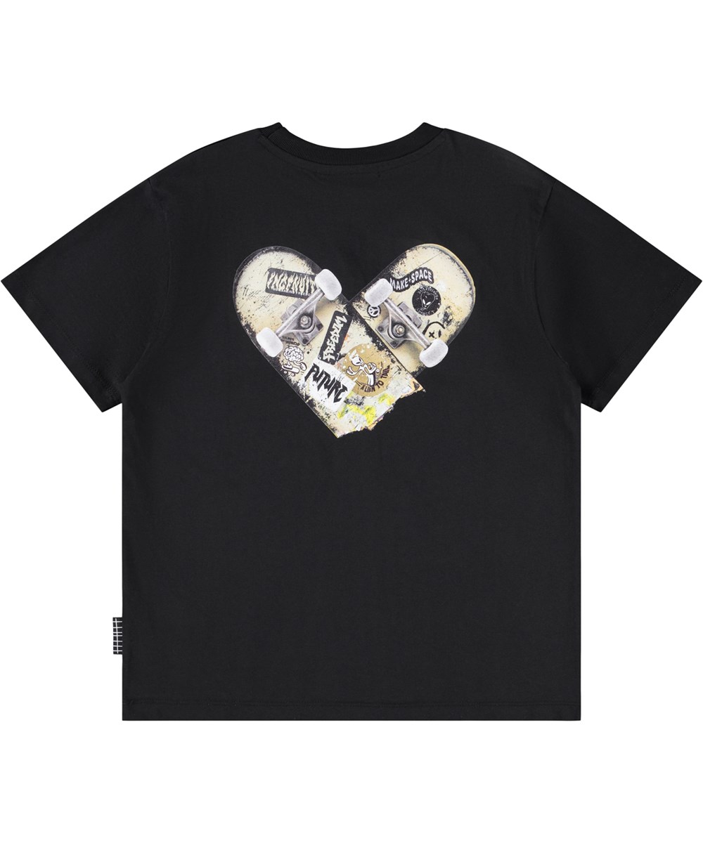 Rodney - Skate Love - Black oversized T-shirt for children made of soft organic cotton with short sleeves and a ribbed neckline.