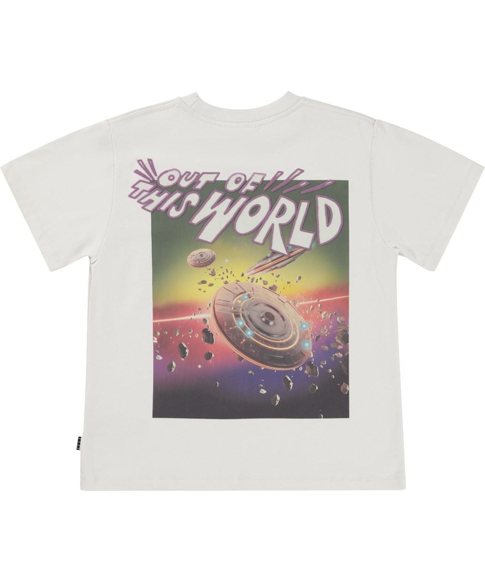 Rodney - UFO Rainbow - White organic t-shirt with UFO space print